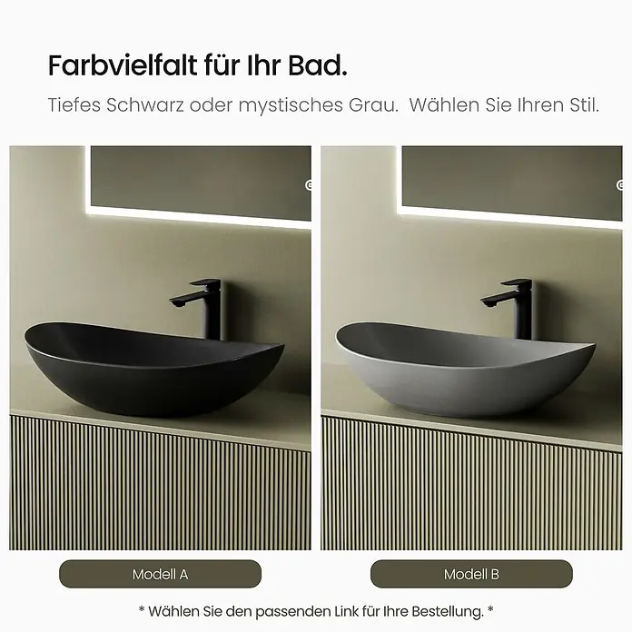 Emke Aufsatzwaschbecken Bovelari CB05 - 36 x 61,5 cm, Hahnloch: Ohne, Ohne Überlauf, Grau - Zwei moderne, elliptische Waschbecken: eines in Tiefschwarz, eines in mystischem Grau.