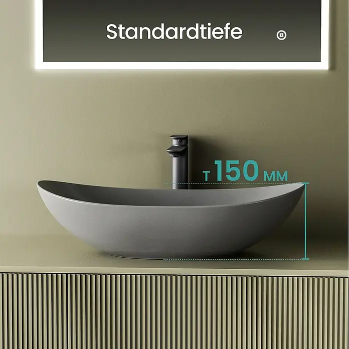 Emke Aufsatzwaschbecken Bovelari CB05 - 36 x 61,5 cm, Hahnloch: Ohne, Ohne Überlauf, Grau - Graues, ovales Aufsatzwaschbecken mit schwarzem Wasserhahn, zeigt 150mm Tiefe, auf einem geriffelten Schrank.