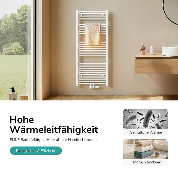 Emke Badheizkörper Orbrad TR - Weiß - Weißer Handtuchheizkörper mit beigem Handtuch, installiert in einem modernen Badezimmer.