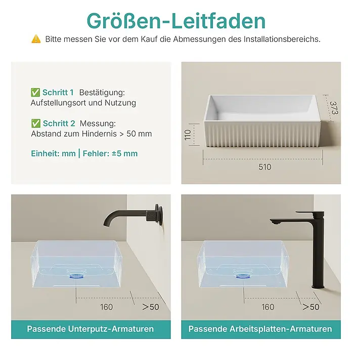 Emke Aufsatzwaschbecken Ceraedge CB28 - 37,3 x 51 cm, Hahnloch: Ohne, Ohne Überlauf, Weiß - Installationsanleitung für ein weißes Rechteckwaschbecken, mit Maßen (510x373x110mm) und Armaturen-Platzierungshilfen.