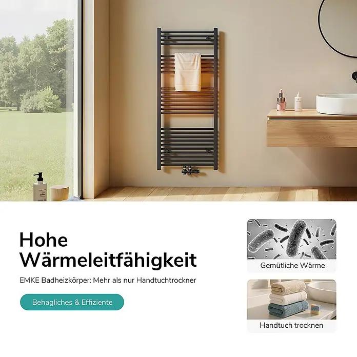 Emke Badheizkörper Orbrad TR - Anthrazit - Dunkelgrauer Handtuchheizkörper in einem modernen Badezimmer, der ein beiges Handtuch trocknet und Wärme spendet.