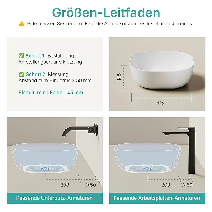 Emke Aufsatzwaschbecken Bovelari CB20 - 41,5 x 41,5 cm, Hahnloch: Ohne, Ohne Überlauf, Weiß - Größenleitfaden für Waschbecken mit Maßen (145x415 mm) und Installationsbeispielen für Wand- und Arbeitsplattenarmaturen.