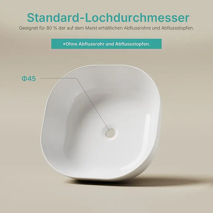 Emke Aufsatzwaschbecken Bovelari CB20 - 41,5 x 41,5 cm, Hahnloch: Ohne, Ohne Überlauf, Weiß - Weißes Keramikwaschbecken mit 45mm Standard-Ablaufbohrung. Ohne Ablaufgarnitur.