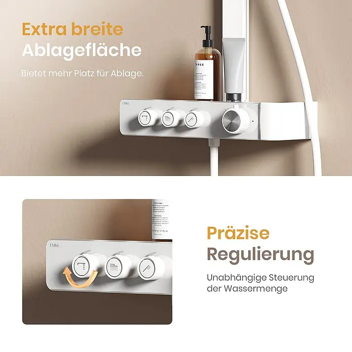 Emke Duschsystem SleeFlow F27 - Mit Thermostatarmatur, Lochabstand: 112 cm, Anzahl Strahlarten: 3 Stk., Weiß - Weißer Duschmischer mit breiter Ablagefläche für Flaschen. Drei Auswahlknöpfe und ein Drehregler ermöglichen eine präzise Wassersteuerung.