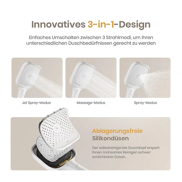 Emke Duschsystem SleeFlow F27 - Mit Thermostatarmatur, Lochabstand: 112 cm, Anzahl Strahlarten: 3 Stk., Weiß - Weißer Duschkopf mit 3 Strahlmodi und selbstreinigenden Silikondüsen. Innovatives 3-in-1-Design für vielseitiges Duschen.