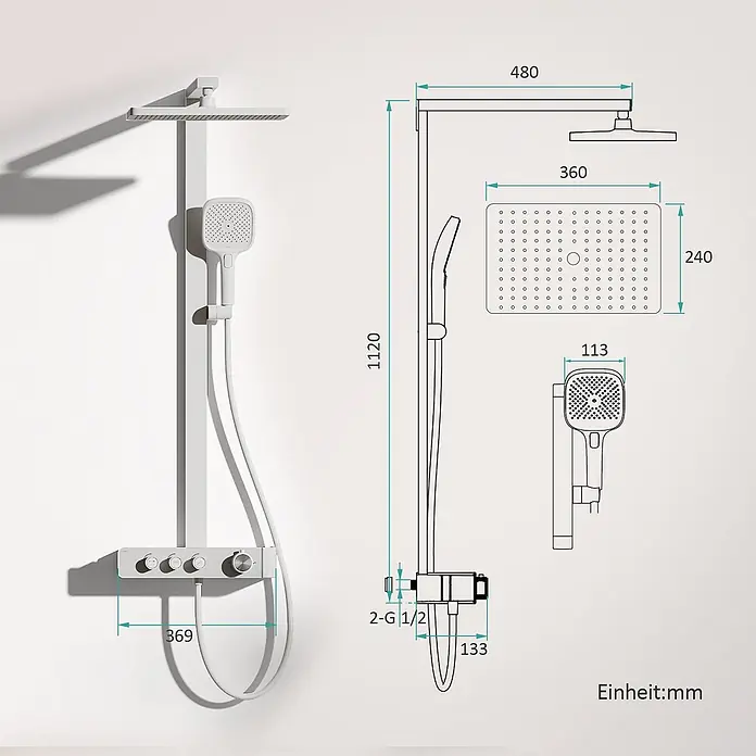 Emke Duschsystem SleeFlow F27 - Mit Thermostatarmatur, Lochabstand: 112 cm, Anzahl Strahlarten: 3 Stk., Weiß - Mattweißes Duschsystem mit Regendusche, Handbrause und Mischer. Technische Zeichnung mit Maßen.