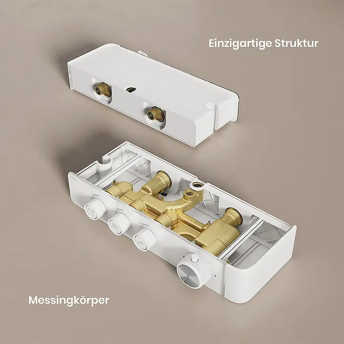 Emke Duschsystem SleeFlow F27 - Mit Thermostatarmatur, Lochabstand: 112 cm, Anzahl Strahlarten: 3 Stk., Weiß - Zerlegter weißer Duschmischer zeigt sein einzigartiges internes Messinggehäuse und Bedienelemente.