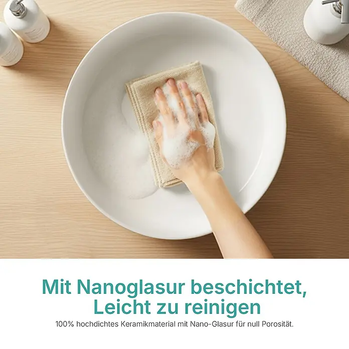 Emke Aufsatzwaschbecken Ceraround CB31 - 35,2 x 35,2 cm, Hahnloch: Ohne, Ohne Überlauf, Weiß - Eine Hand reinigt ein weißes Keramikwaschbecken mit einem Tuch und Seifenwasser.