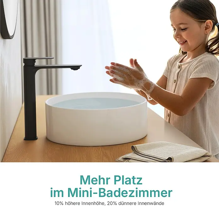 Emke Aufsatzwaschbecken Ceraround CB31 - 35,2 x 35,2 cm, Hahnloch: Ohne, Ohne Überlauf, Weiß - Weißes Waschbecken mit schwarzem Wasserhahn, Kind wäscht Hände. Ideal für kleine Bäder mit optimierter Innenhöhe und dünnen Wänden.