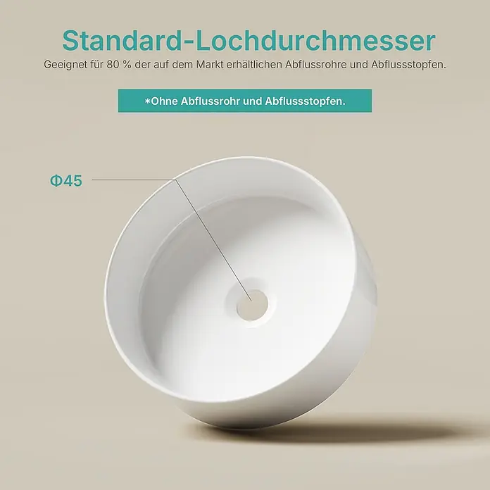 Emke Aufsatzwaschbecken Ceraround CB31 - 35,2 x 35,2 cm, Hahnloch: Ohne, Ohne Überlauf, Weiß - Weißes Keramikwaschbecken mit 45 mm Standardablauföffnung.