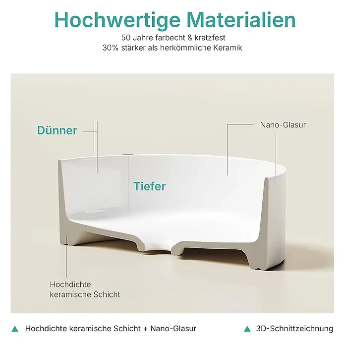 Emke Aufsatzwaschbecken Ceraround CB31 - 35,2 x 35,2 cm, Hahnloch: Ohne, Ohne Überlauf, Weiß - Querschnitt einer weißen Keramikschale, die dünnere Wände, mehr Tiefe und hochwertige Materialien (hochdichte Keramik & Nano-Glasur) zeigt.