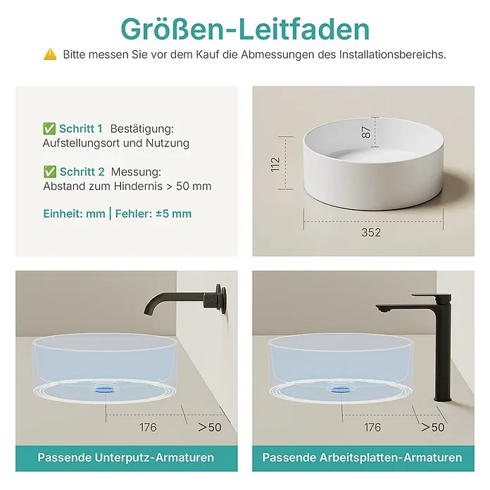 Emke Aufsatzwaschbecken Ceraround CB31 - 35,2 x 35,2 cm, Hahnloch: Ohne, Ohne Überlauf, Weiß - Größenleitfaden für ein weißes rundes Aufsatzwaschbecken mit Maßen und kompatiblen Armaturen.