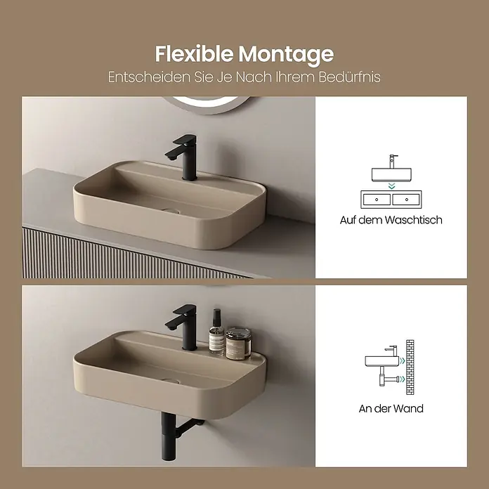 Emke Aufsatzwaschbecken Ceraform CB02 - 40 x 60 cm, Hahnloch: Mitte, Ohne Überlauf, Beige - Beige, rechteckige Keramikspüle mit schwarzem Wasserhahn, dargestellt mit flexiblen Arbeitsplatten- und Wandmontageoptionen.