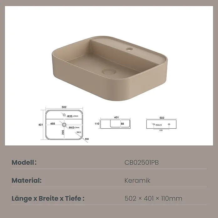 Emke Aufsatzwaschbecken Ceraform CB02 - 40 x 50 cm, Hahnloch: Mitte, Ohne Überlauf, Beige - Rechteckiges beiges Keramik-Waschbecken mit abgerundeten Ecken.
