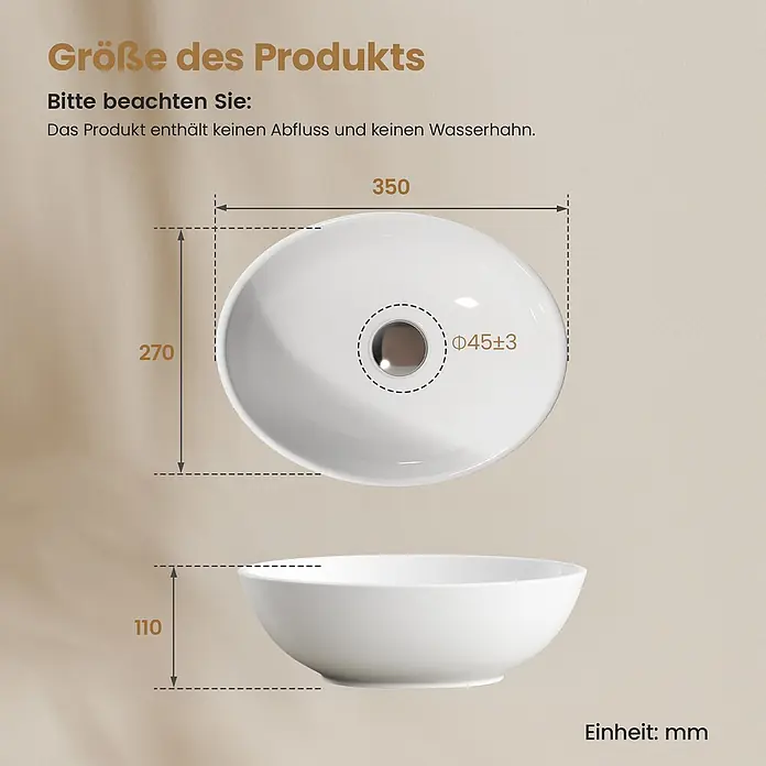 Emke Aufsatzwaschbecken Bovelari CB05 - Hahnloch: Ohne, Ohne Überlauf, Weiß - Weißes ovales Keramik-Waschbecken mit Maßen 350x270x110mm und 45mm Abflussöffnung. Armatur und Abfluss nicht enthalten.