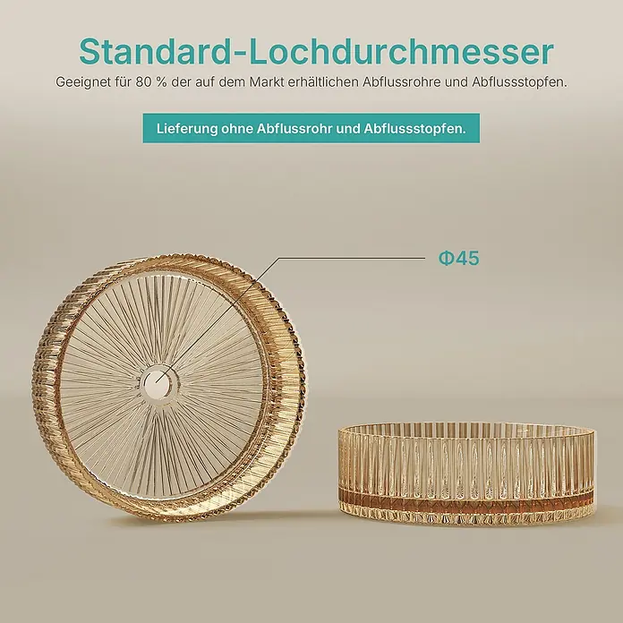 Emke Aufsatzwaschbecken Loviton CB32 - 40 x 40 cm, Hahnloch: Ohne, Ohne Überlauf, Roségold - Rundes, geriffeltes Glaswaschbecken in Gold/Bernstein mit 45 mm Ablaufdurchmesser, für Standardabläufe.