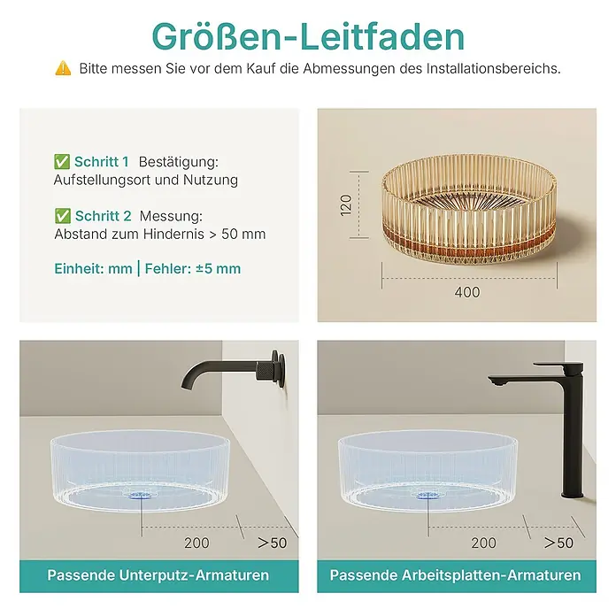 Emke Aufsatzwaschbecken Loviton CB32 - 40 x 40 cm, Hahnloch: Ohne, Ohne Überlauf, Roségold - Größenleitfaden für ein geriffeltes Glaswaschbecken, mit Maßen (400x120mm) und benötigtem Abstand für Wand- und Arbeitsplattenarmaturen.