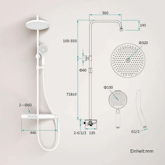 Emke Duschsystem SleeFlow F22 - Mit Thermostatarmatur, Lochabstand: 71,8 cm, Anzahl Strahlarten: 3 Stk., Weiß - Weißes Duschsystem mit großer Kopfbrause und Handbrause, detailliert in technischer Zeichnung mit Maßen.
