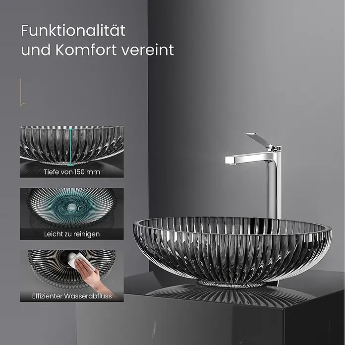 Emke Aufsatzwaschbecken Glaval CB19 - 35 x 51 cm, Hahnloch: Ohne, Ohne Überlauf, Schwarz - Elegantes geriffeltes Glaswaschbecken mit modernem Chromhahn, betont Tiefe und leichte Reinigung.
