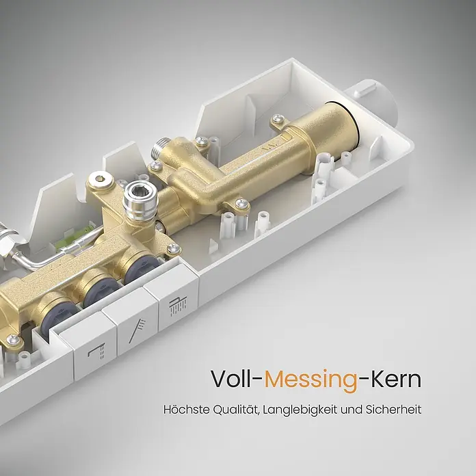 Emke Duschsystem SleeFlow F22 - Mit Thermostatarmatur, Lochabstand: 71,8 cm, Anzahl Strahlarten: 3 Stk., Weiß - Messingkern einer Duschsteuerung im weißen Gehäuse, mit Bedienelementen.