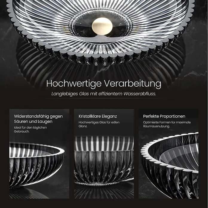 Emke Aufsatzwaschbecken Glaval CB19 - 35 x 51 cm, Hahnloch: Ohne, Ohne Überlauf, Schwarz - Langlebiges, transparentes geripptes Glasbecken mit elegantem Rillendesign.