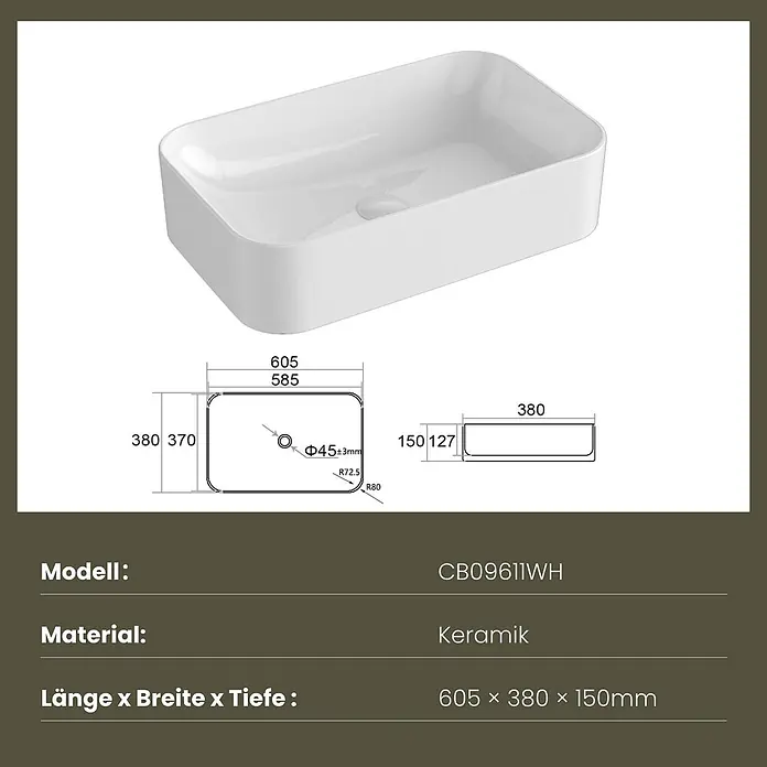 Emke Aufsatzwaschbecken Ceraform CB09 - 38 x 61 cm, Hahnloch: Ohne, Ohne Überlauf, Weiß - Weißes, rechteckiges Keramik-Waschbecken mit den Maßen 605 x 380 x 150 mm.