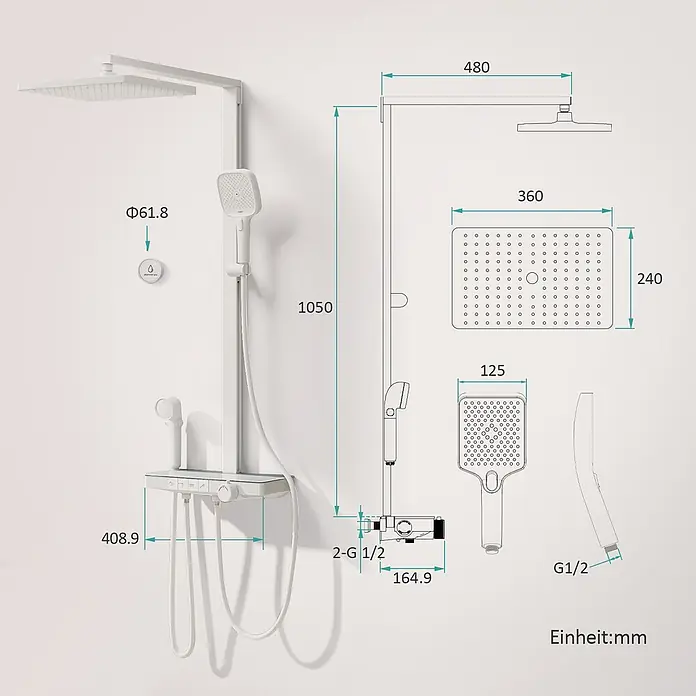 Duschsysteme Slimtrim F23 -  - Weißes Duschsystem mit quadratischer Kopf- und Handbrause, Thermostatmischer und detaillierten Maßen.