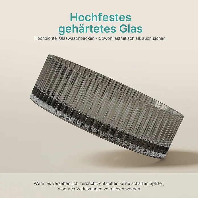 Emke Aufsatzwaschbecken Loviton CB32 - 40 x 40 cm, Hahnloch: Ohne, Ohne Überlauf, Schwarz - Geripptes, dunkeltransparentes Waschbecken aus gehärtetem Glas, das beim Bruch keine scharfen Splitter bildet.