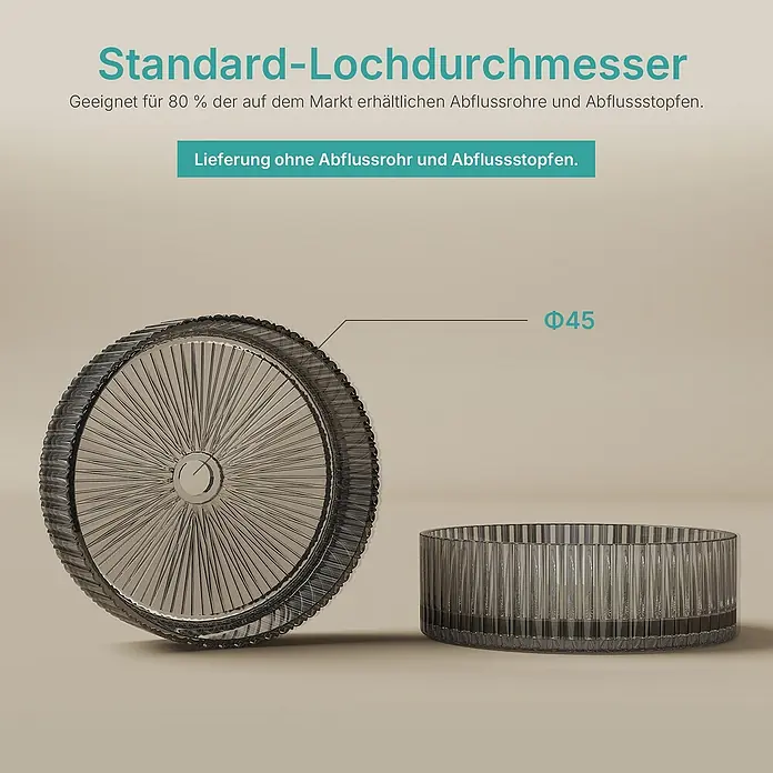 Emke Aufsatzwaschbecken Loviton CB32 - 40 x 40 cm, Hahnloch: Ohne, Ohne Überlauf, Schwarz - Durchsichtige, geriffelte dunkelgraue Abflussabdeckung und zylindrischer Einsatz, Ø45 mm, passend für Standardabflüsse.