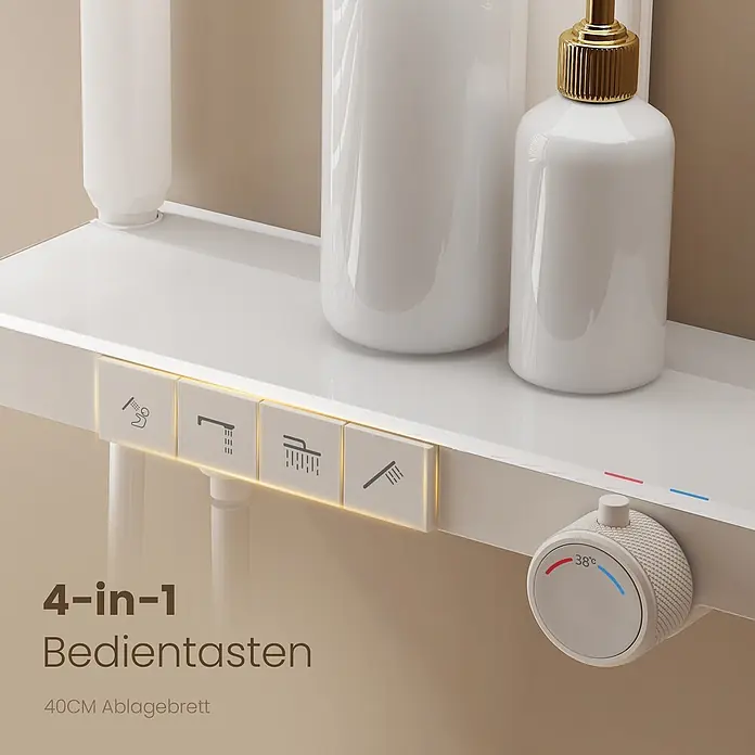 Duschsysteme Slimtrim F23 -  - Weißes Duschsystem mit integriertem Regal, 4-in-1-Bedientasten für Strahlarten und 38°C-Temperaturregler.