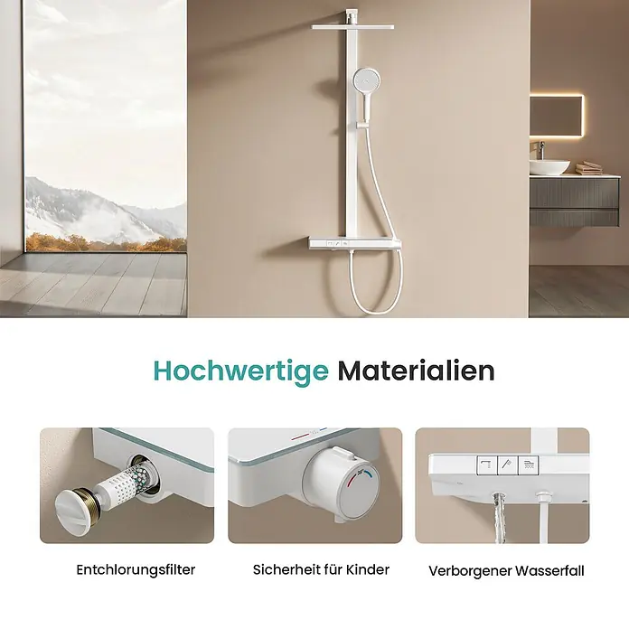 Emke Duschsystem SleeFlow F11 - Mit Thermostatarmatur, Lochabstand: 105 cm, Anzahl Strahlarten: 4 Stk., Weiß - Weißes Duschsystem mit integriertem Entchlorungsfilter, Kindersicherung und verstecktem Wasserfallauslauf.