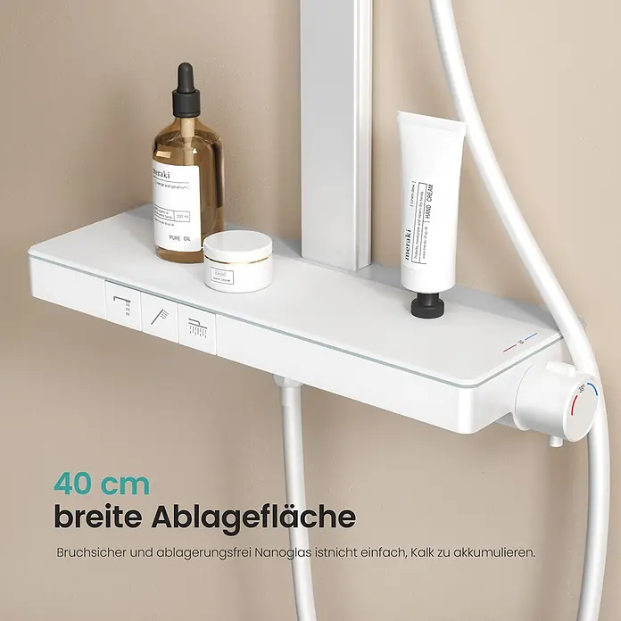 Emke Duschsystem SleeFlow F11 - Mit Thermostatarmatur, Lochabstand: 105 cm, Anzahl Strahlarten: 4 Stk., Weiß - Weißes 40 cm Duschthermostat mit integrierter Ablage aus bruchsicherem Nanoglas und Bedienelementen für Kopf- und Handbrause.