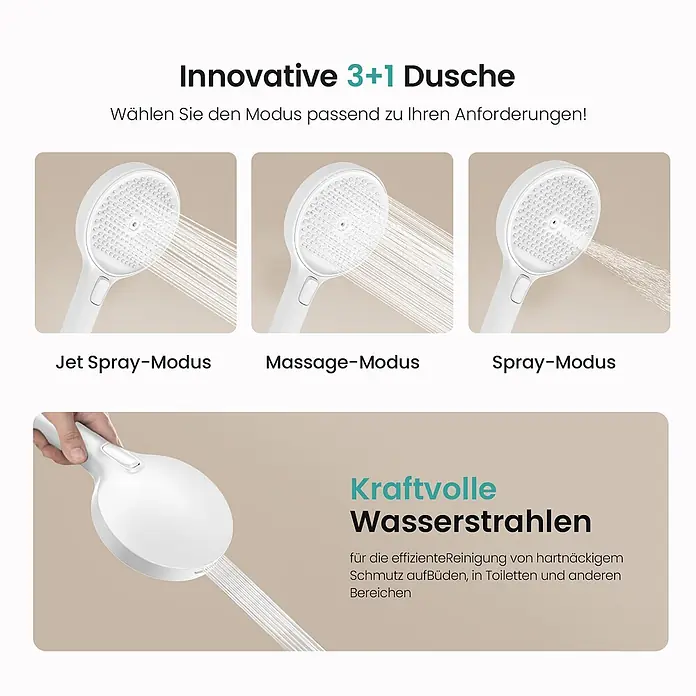 Emke Duschsystem SleeFlow F11 - Mit Thermostatarmatur, Lochabstand: 105 cm, Anzahl Strahlarten: 4 Stk., Weiß - Weißer Duschkopf mit verschiedenen Strahlarten und starkem Reinigungsstrahl.