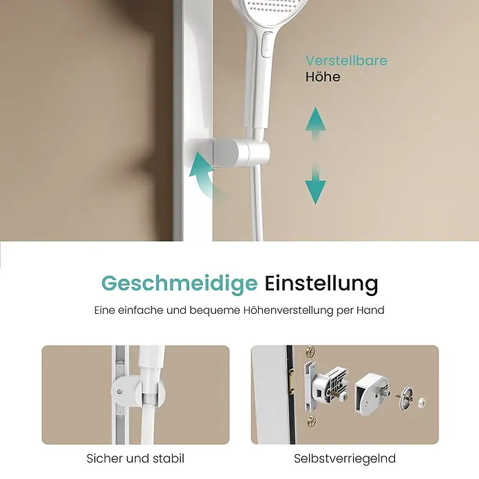 Emke Duschsystem SleeFlow F11 - Mit Thermostatarmatur, Lochabstand: 105 cm, Anzahl Strahlarten: 4 Stk., Weiß - Weißer Duschkopf in einer verstellbaren Halterung an einer Duschstange mit geschmeidiger, selbstverriegelnder Höhenverstellung.
