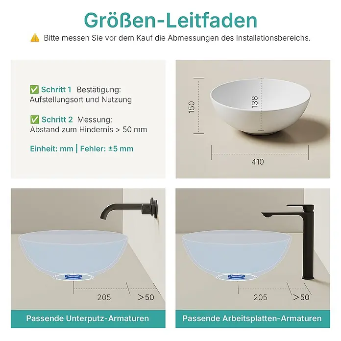 Emke Aufsatzwaschbecken Ceraround CB30 - 41 x 41 cm, Hahnloch: Ohne, Ohne Überlauf, Weiß - Anleitung für weißes Keramik-Aufsatzwaschbecken: 410 mm Durchmesser, 150 mm Höhe, mit Installationsabständen für Wand- und Aufsatzarmaturen.