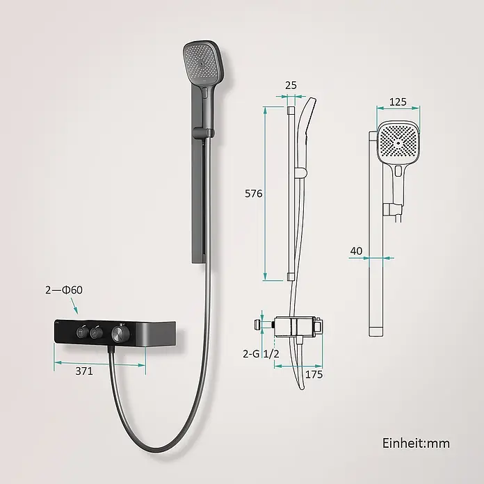Emke Duschsystem SleeFlow F26 - Mit Thermostatarmatur, Lochabstand: 57,6 cm, Anzahl Strahlarten: 3 Stk., Anthrazit - Dunkelgraues Duschsystem mit Handbrause und Thermostatmischer, inklusive Maßzeichnungen.