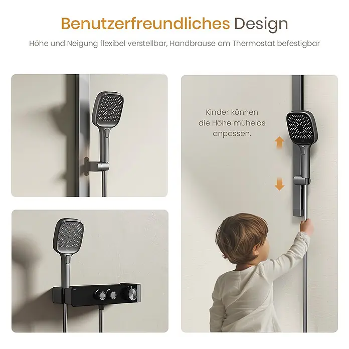 Emke Duschsystem SleeFlow F26 - Mit Thermostatarmatur, Lochabstand: 57,6 cm, Anzahl Strahlarten: 3 Stk., Anthrazit - Dunkelgraues Duschsystem mit verstellbarer Handbrause und Thermostat, von einem Kind leicht höhenverstellbar.
