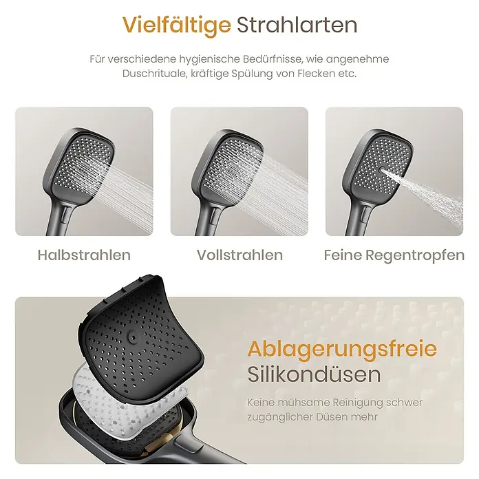 Emke Duschsystem SleeFlow F26 - Mit Thermostatarmatur, Lochabstand: 57,6 cm, Anzahl Strahlarten: 3 Stk., Anthrazit - Dunkelgrauer Duschkopf mit drei Strahlarten und kalkfreien Silikondüsen für einfache Reinigung.