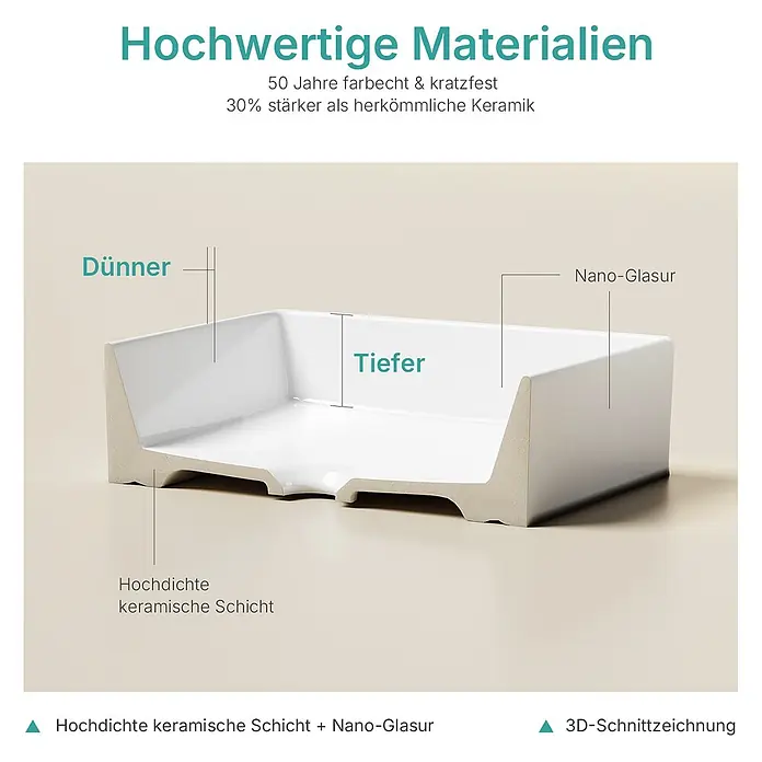Emke Aufsatzwaschbecken CB29 - 37,3 x 51 cm, Hahnloch: Ohne, Ohne Überlauf, Weiß - Querschnitt eines Keramikprodukts mit hochdichter Keramikschicht und Nano-Glasur für ein dünneres, tieferes Design.