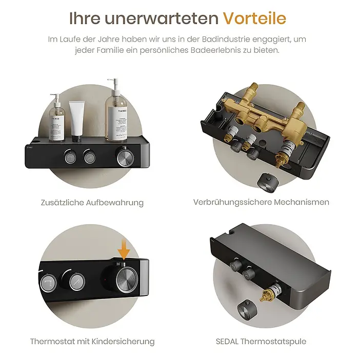 Emke Duschsystem SleeFlow F26 - Mit Thermostatarmatur, Lochabstand: 57,6 cm, Anzahl Strahlarten: 3 Stk., Anthrazit - Schwarze Duscharmatur mit integrierter Ablage, Verbrühungsschutz, Thermostat mit Kindersicherung bei 38°C und SEDAL Thermostatspule.