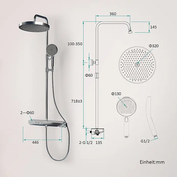 Emke Duschsystem SleeFlow F22 - Mit Thermostatarmatur, Lochabstand: 71,8 cm, Anzahl Strahlarten: 3 Stk., Chrom - Verchromtes Duschsystem mit Thermostat, Kopfbrause und Handbrause, inklusive Maße.