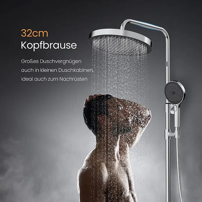 Emke Duschsystem SleeFlow F22 - Mit Thermostatarmatur, Lochabstand: 71,8 cm, Anzahl Strahlarten: 3 Stk., Chrom - 32cm Duschsystem aus Chrom mit Kopf- und Handbrause, für großes Duschvergnügen.