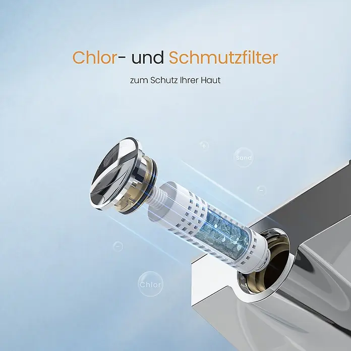 Emke Duschsystem SleeFlow F22 - Mit Thermostatarmatur, Lochabstand: 71,8 cm, Anzahl Strahlarten: 3 Stk., Chrom - Eine transparente Wasserfilterpatrone mit sichtbarem Filtermedium wird in einen metallischen Wasserhahn eingesetzt, zur Entfernung von Chlor und Schmutz.