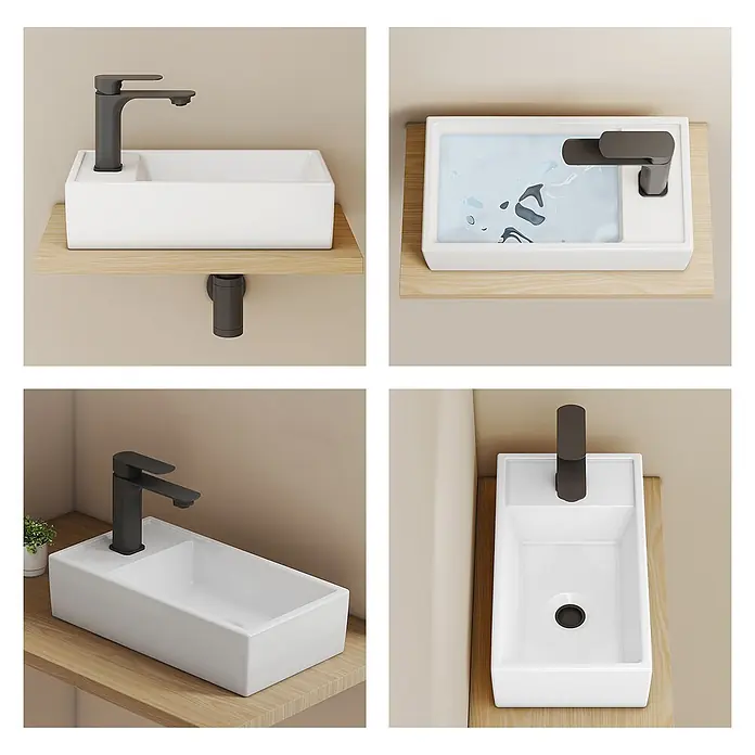 Emke Aufsatzwaschbecken Ceraedge CB24 - 22,3 x 41,6 cm, Hahnloch: Sonstige, Ohne Überlauf, Weiß - Weißes, rechteckiges Keramikwaschbecken mit schwarzem Wasserhahn, wandmontiert auf einem Holzregal.