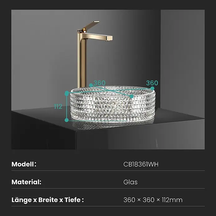 Emke Aufsatzwaschbecken Loviton CB18 - 36 x 36 cm, Hahnloch: Ohne, Ohne Überlauf, Transparent - Rundes facettiertes Glas-Aufsatzwaschbecken, 360x360x112mm, mit goldenem Wasserhahn.
