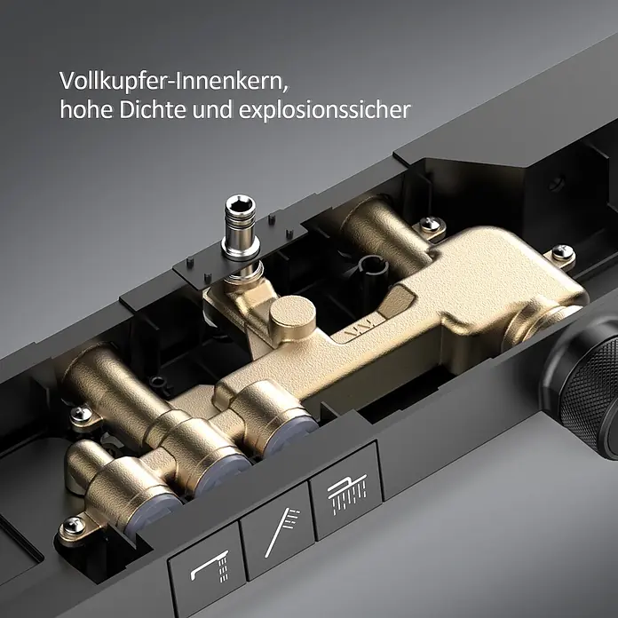 Emke Duschsystem Edgeflow F13 - Mit Thermostatarmatur, Lochabstand: 105 cm, Anzahl Strahlarten: 3 Stk., Schwarz - Detaillierte Ansicht des Vollkupfer-Innenkerns einer Duscharmatur, hohe Dichte und explosionssicher.