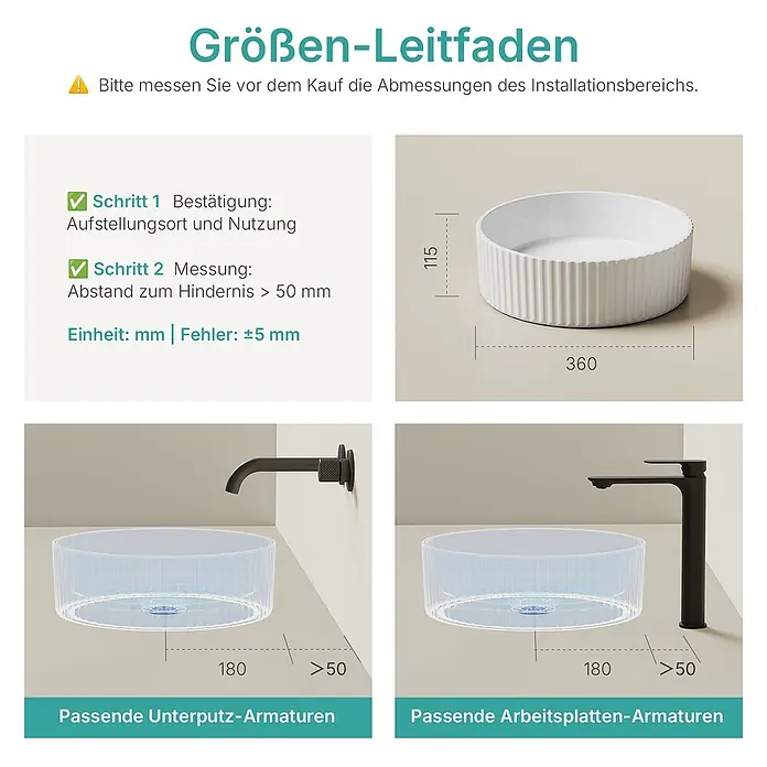 Emke Aufsatzwaschbecken Ceraround CB26 - Hahnloch: Ohne, Ohne Überlauf, Weiß - Weißes geripptes rundes Waschbecken mit Maßen, dargestellt in einer Installationsanleitung für Wand- und Aufsatzarmaturen.