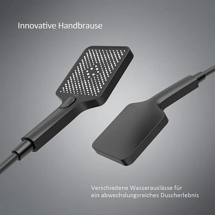 Emke Duschsystem Edgeflow F13 - Mit Thermostatarmatur, Lochabstand: 105 cm, Anzahl Strahlarten: 3 Stk., Schwarz - Innovative schwarze Handbrause mit verschiedenen Wasserauslässen für vielfältige Strahlarten.