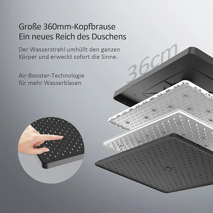 Emke Duschsystem Edgeflow F13 - Mit Thermostatarmatur, Lochabstand: 105 cm, Anzahl Strahlarten: 3 Stk., Schwarz - Großer 36cm schwarzer quadratischer Duschkopf, zerlegt, um seine Schichtstruktur und flexible Düsen zu zeigen.