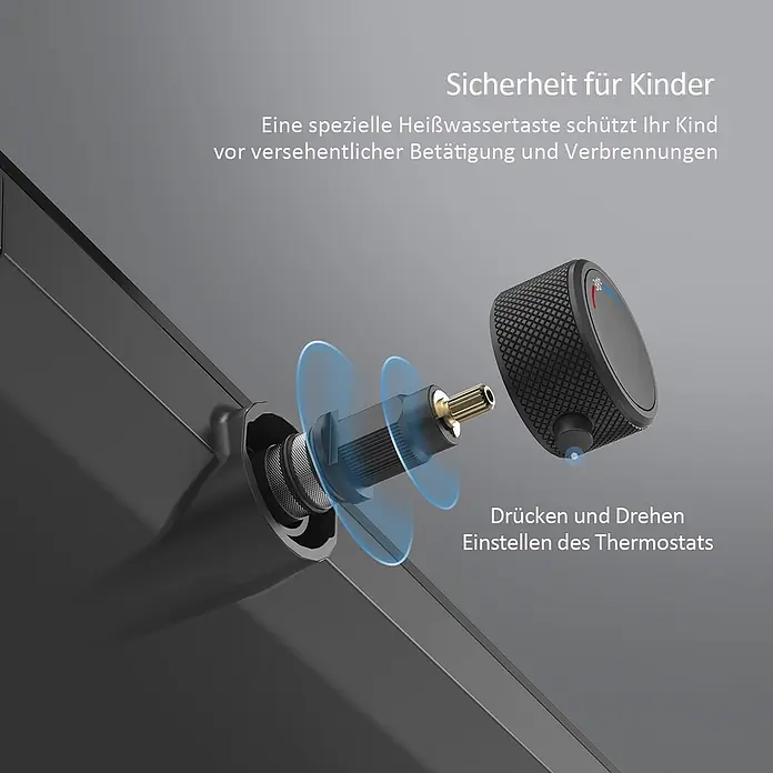 Emke Duschsystem Edgeflow F13 - Mit Thermostatarmatur, Lochabstand: 105 cm, Anzahl Strahlarten: 3 Stk., Schwarz - Nahaufnahme der internen Komponenten eines schwarzen Thermostatmischers und des Bedienknopfs, mit Kindersicherung und Temperatureinstellung.